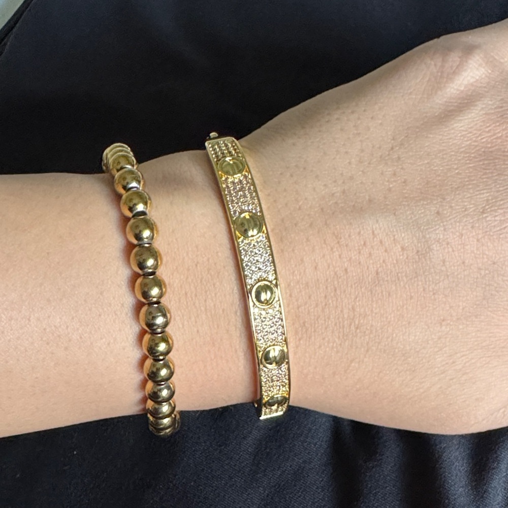 Gold Textured Bangle Bracelet with Stud Details - Picture 2 of 2